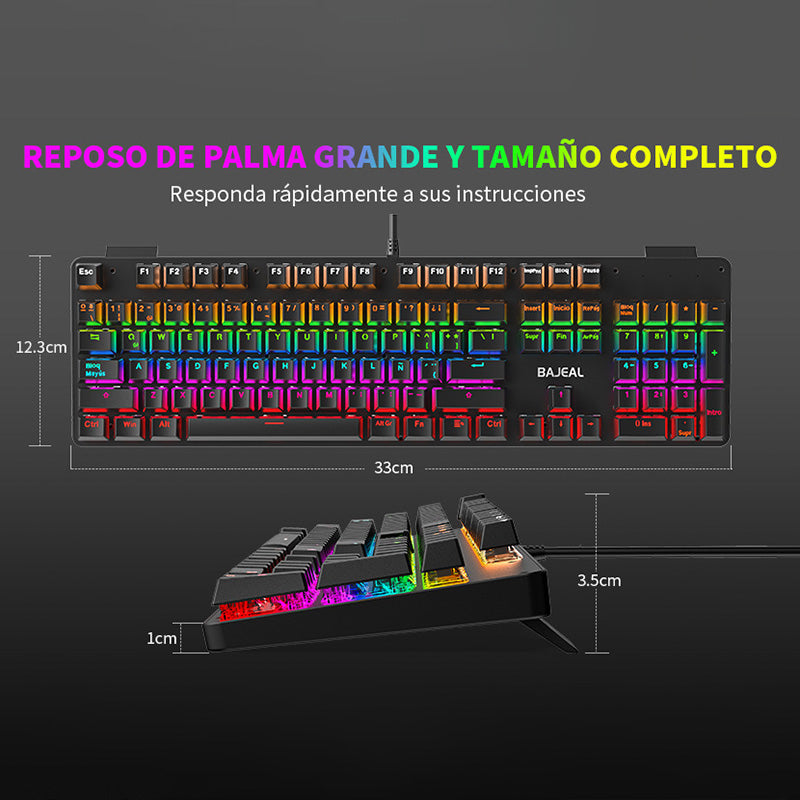 BAJEAL Wired 104 Keys Spanish Keyboard Backlit Computer Laptop Gaming Blue Switch Mechanical Keyboard - Black BAJEAL Wired 104 Keys Spanish Keyboard Backlit Computer Laptop Gaming Blue Switch Mechanical Keyboard - Black